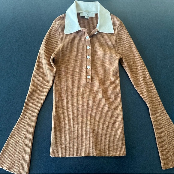 LOFT Ribbed Brown Cardigan with White Collar - Picture 3 of 4